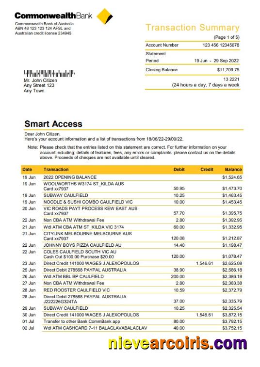 Australia Commonwealth bank statement, Word and PDF, 5 pages